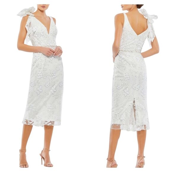 Mac Duggal White Embellished Midi Dress Rosette Shoulder NWT Size 4 - Picture 1 of 7